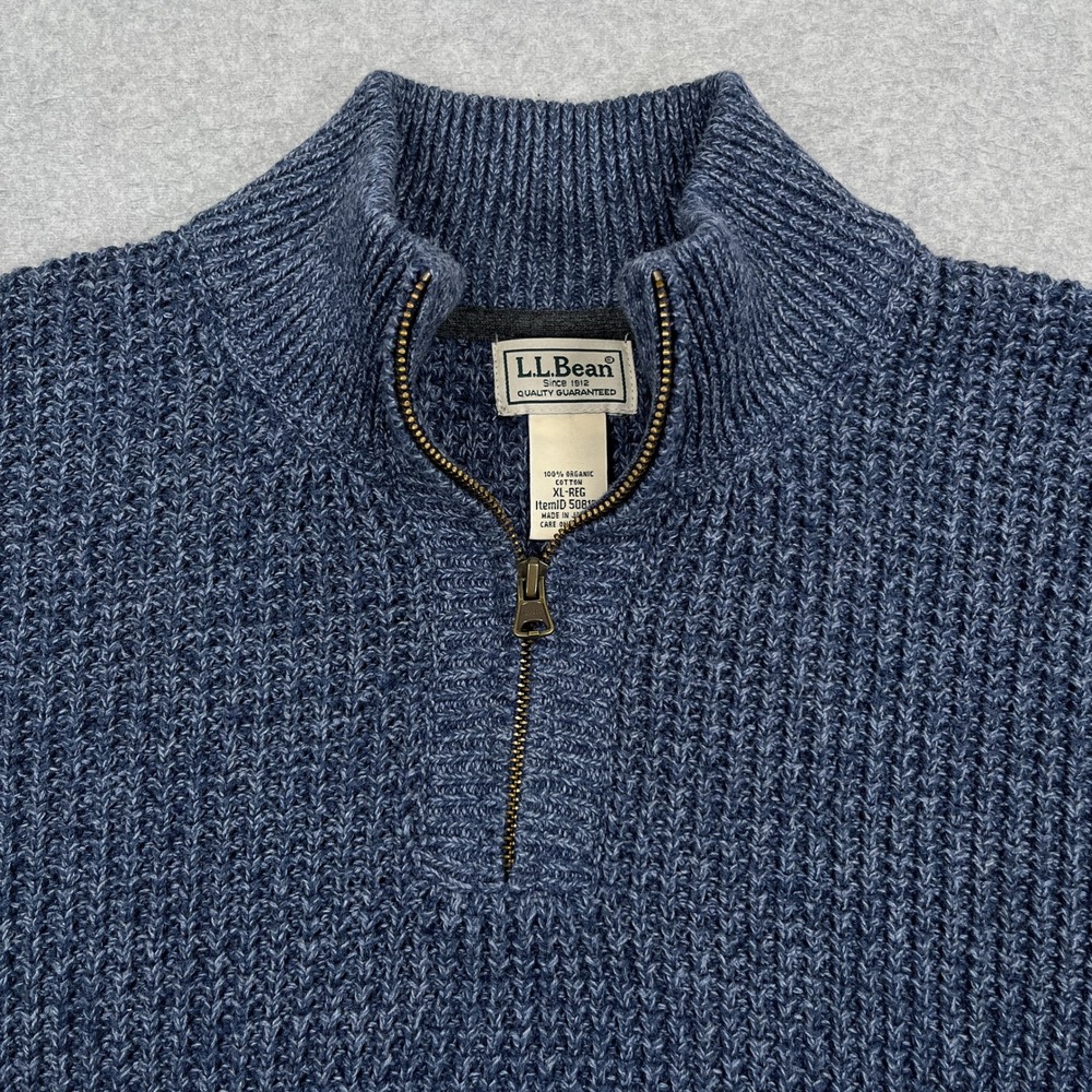 LL Bean Organic Cotton Waffle Sweater Mens XL Blue Fisherman 1/4 Zip Pullover - Picture 7 of 10
